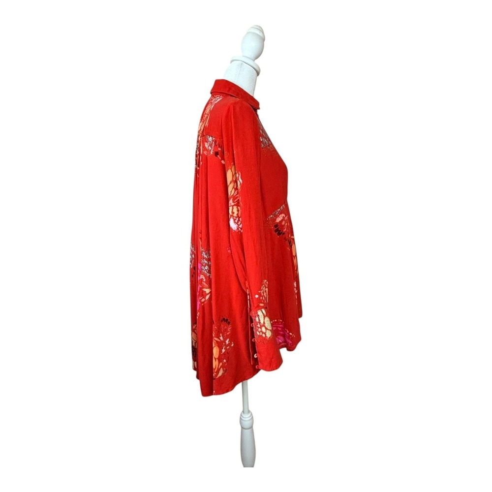 Free People Tunic Shirt Womens Small Red Floral Butterfly Boho Long Sleeve Rayon - Picture 4 of 16